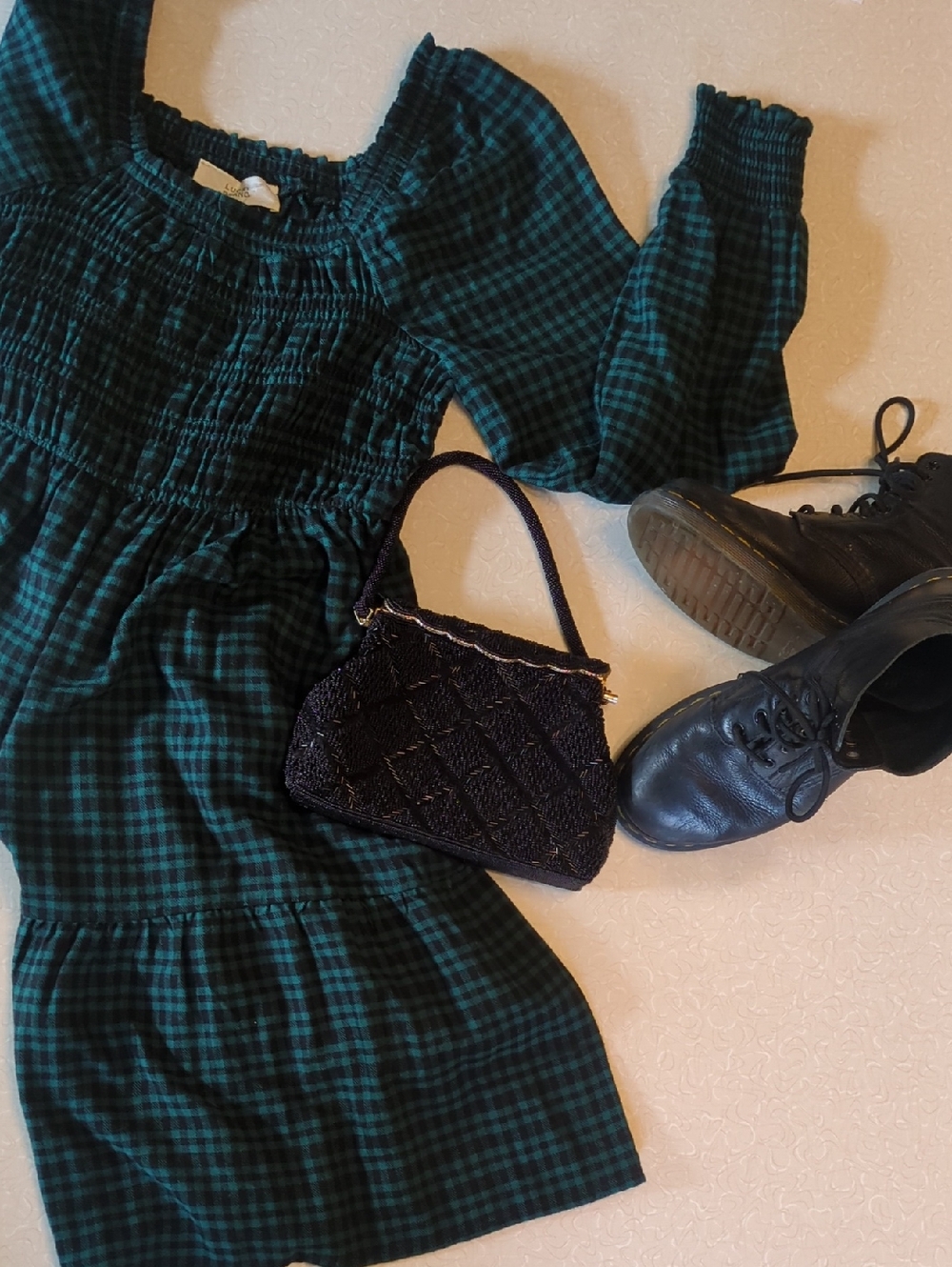 Smocked Long Sleeve Plaid Flannel Mini Dress - Green & Black